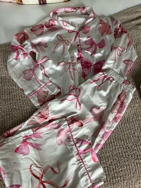 Satin Bow-Print Pajama Set - Pink